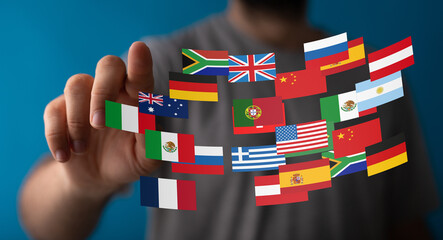 Poster - Person interacting with world flags, symbolizing global reach, international business, and worldwide connections.