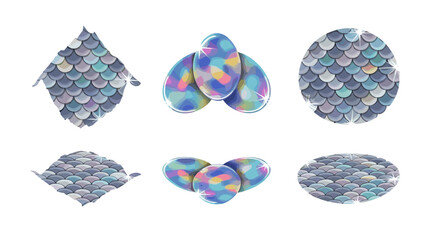Poster - Collection of six decorative elements featuring scales and iridescent designs on a white background