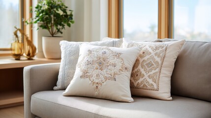 Poster - Elegant sofa adorned with decorative pillows, featuring a cozy indoor setting with natural light and lush greenery.
