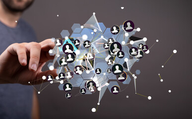 Poster - Visual representation of a network, global communication, connection, and digital interaction.