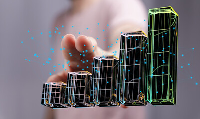 Poster - Hand interacting with a 3D bar graph showing business growth and success.