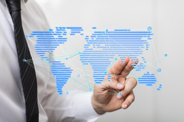 Poster - Businessman interacts with a digital world map, illustrating global network connections and technology.