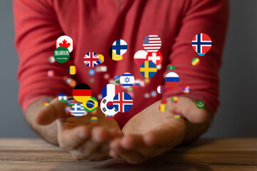 Poster - Image of hands gently cradling floating flags, symbolizing global unity and international relations.