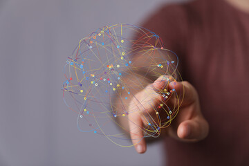 Poster - Abstract image of a hand interacting with a digital network.  Ideal for technology, connectivity, and data concepts.