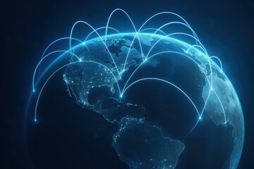 Fototapete - Global Connectivity: The globe is overlaid with luminous, interconnected lines representing global communication networks, which are captured in this image.
