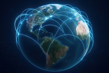 Fototapete - Global Connectivity: A luminous depiction of Earth, intricately interwoven with glowing lines representing the interconnectedness of the world through technology and communication.