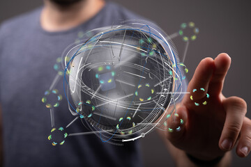 Poster - Futuristic technology concept.  Person interacts with a 3D digital globe, showcasing global connectivity and data.