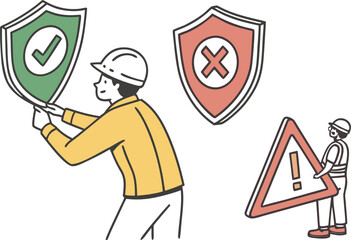 Fototapete - safe caution and unsafe icon set. green yellow and red shield with tick cross and caution sign. warning label for app, website. transparent png and vector illustration.safety, illustration, design, 