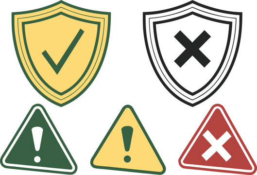 safe caution and unsafe icon set. green yellow and red shield with tick cross and caution sign. warning label for app, website. transparent png and vector illustration.safety, illustration, design, 