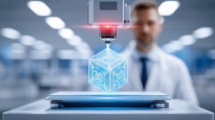 Poster - 3D printer operates to produce a holographic cube in high-tech laboratory. Clean, modern space with advanced technology. Concept of innovation, manufacturing, engineering