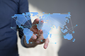 Poster - Hand interacting with a digital world map, illustrating global connectivity and networking.
