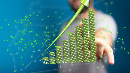 Poster - Green upward trend graph.  Stock photo for business, finance, and success concepts.