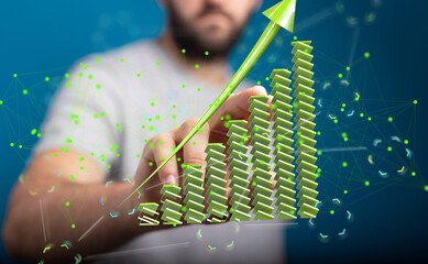 Poster - Stock photo of a hand interacting with a 3D upward trending graph, symbolizing growth and success.