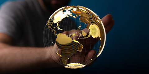 Poster - Hand holding a golden digital globe, representing global network and connection.