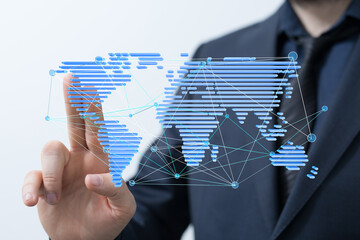 Poster - Man interacts with a digital world map, illustrating global connectivity and networking.