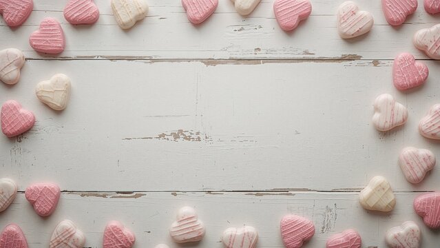Mixed heart-shaped sweets on a white wooden surface for a romantic celebration. Retro-style card with overhead view and room for message.
