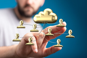 Poster - Image depicts a hand interacting with a 3D cloud and connected user icons, symbolizing secure cloud-based data sharing.