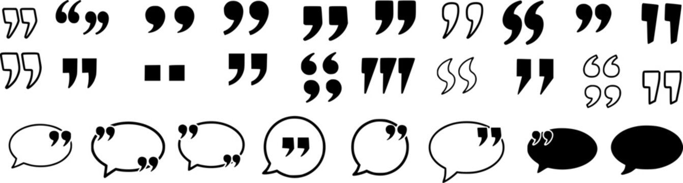 Set of quote mark. Quotes icon vector set. Quotemarks outline, speech marks, inverted commas or talking marks collection. Talk bubble speech icon. Black quotes icon. Vector illustration.