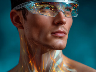 Poster - Close-up of futuristic man wearing smart augmented reality glasses with glowing neural connections visible on neck and skin