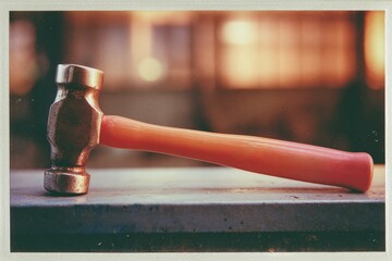 Poster - Hammer resting on a workbench in a dimly lit workshop during the afternoon