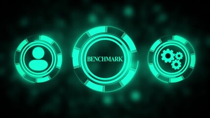 Poster - Futuristic Benchmark Concept Illustration Glowing Teal Icons Representing People Gears and