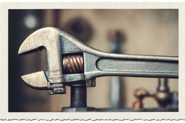 Poster - Close-up of an adjustable wrench showcasing intricate details and craftsmanship in a workshop setting