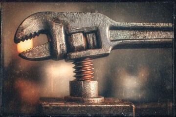 Poster - Close-up of a vintage adjustable wrench gripping a rusty bolt in a workshop setting during the late afternoon