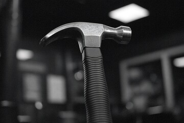 Poster - Close-up view of a hammer highlighting its detailed design and texture in a workshop setting