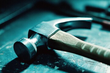 Poster - Hammer resting on a workbench in a dimly lit workshop showcasing craftsmanship and tools in use