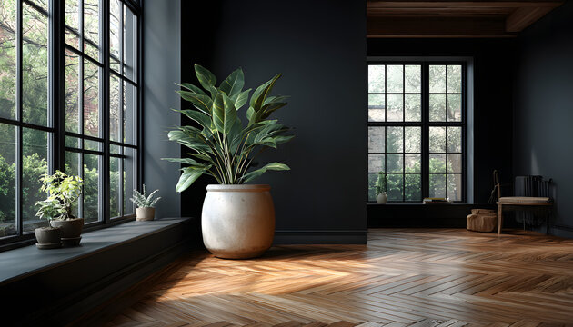Empty modern room with black wall wooden floor. Interior 3D rendering. Green plant in pot near window. Minimalist style apartment design, studio space. Home decor element with copy space for product