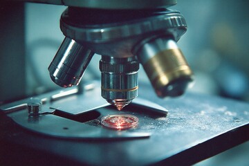 Poster - Close-up view of a microscope examining a specimen slide in a laboratory setting during daytime