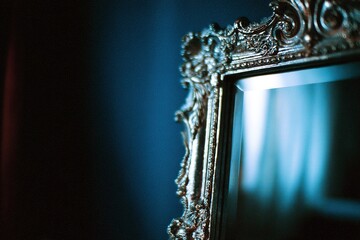 Poster - Silver ornate mirror reflecting blue tones in a dimly lit room during the evening