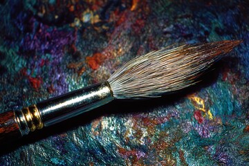 Poster - Close-up view of a paintbrush on a vibrant textured palette showcasing artistic creativity and color blending techniques