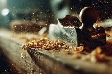 Poster - Crafting wood shavings with a plane in a dimly lit workshop during the day