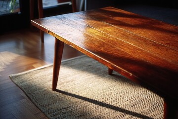 Poster - Beautiful wooden table with warm sunlight illuminating its surface in a cozy indoor setting