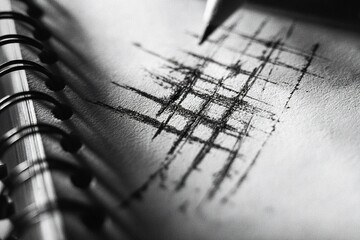 Poster - Black and white sketch of geometric lines on notebook paper created with pencil during artistic exploration