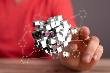 Poster - Abstract image of interconnected data cubes, representing digital networks and information technology.