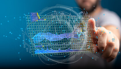 Poster - Modern businessman interacts with a futuristic 3D data visualization interface.
