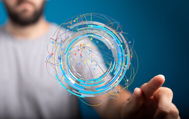 Poster - Abstract image of a person interacting with a digital network, showcasing technology and connection.