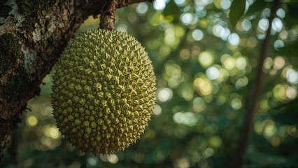 Poster - Detailed view of a green jackfruit featuring an intricate surface design, suspended on a tree against a blurred background.