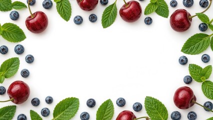 Poster - Ripe cherries and blueberries alongside mint on a clean white background. Bird's-eye view. Flat lay design