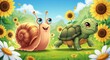 © Martin - Escargot souriant tortue joyeuse champ soleil vif. AI Generated