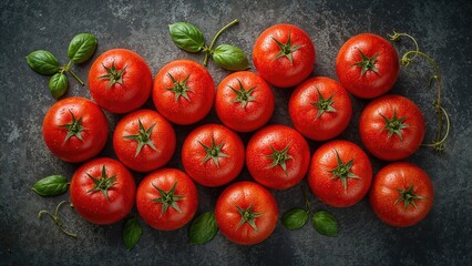 Poster - Juicy red tomatoes arranged over a moody concrete backdrop. Elements for making sauce