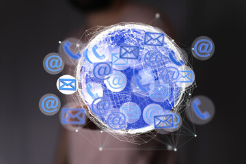 Poster - Image depicts a digital globe with email, phone, and internet symbols, representing global communication.