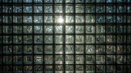 Poster - Modern room perspective highlighting abstract square patterns with flaring light and shadows on glass blocks wall