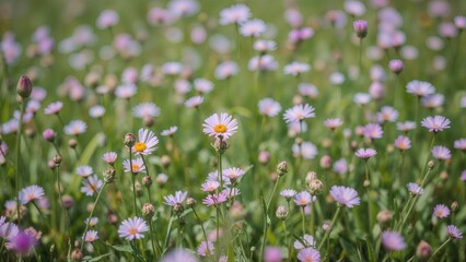 Poster - Out-of-focus image capturing a vibrant meadow filled with green, yellow, and violet blossoms
