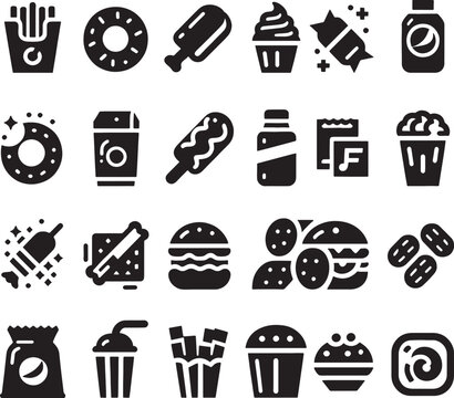 Fast food icon set vector illustration: a collection of web business design symbols for money, computer, black, internet, cake, coffee, button, car, shopping, and card signs
