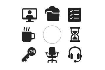 Poster - Icons representing remote work, productivity tools, and online collaboration during a virtual meeting setup