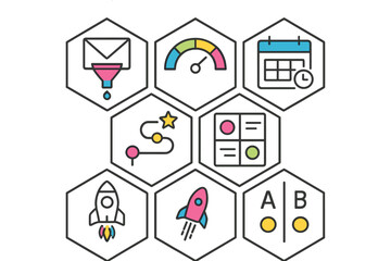 Poster - Colorful icons representing digital tools and productivity methods in a modern workspace design
