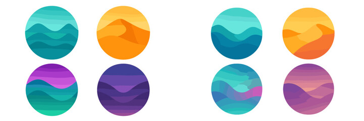 Poster - Abstract landscape designs with colorful gradients showcasing mountains and hills in circular shapes